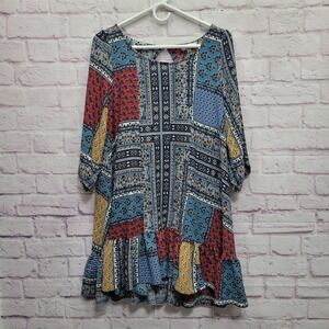 Hayden LA Boho Patchwork Tunic Dress L Festival Peasant Prairie Hippie Retro